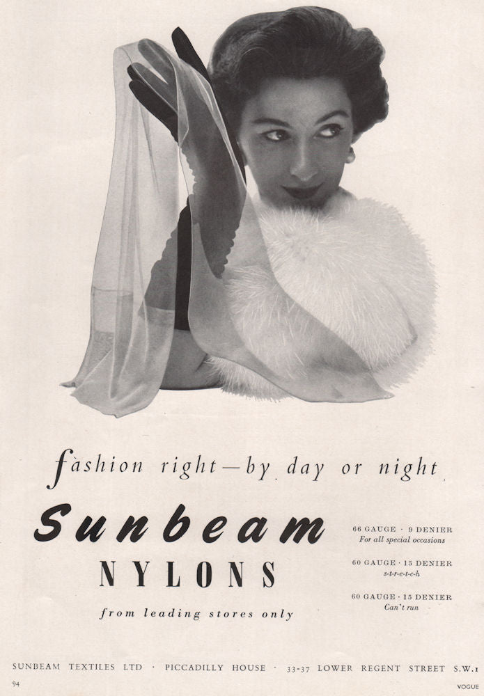Sunbeam Nylons. Fashion right - by day or night. Advert. BRITISH VOGUE 1955